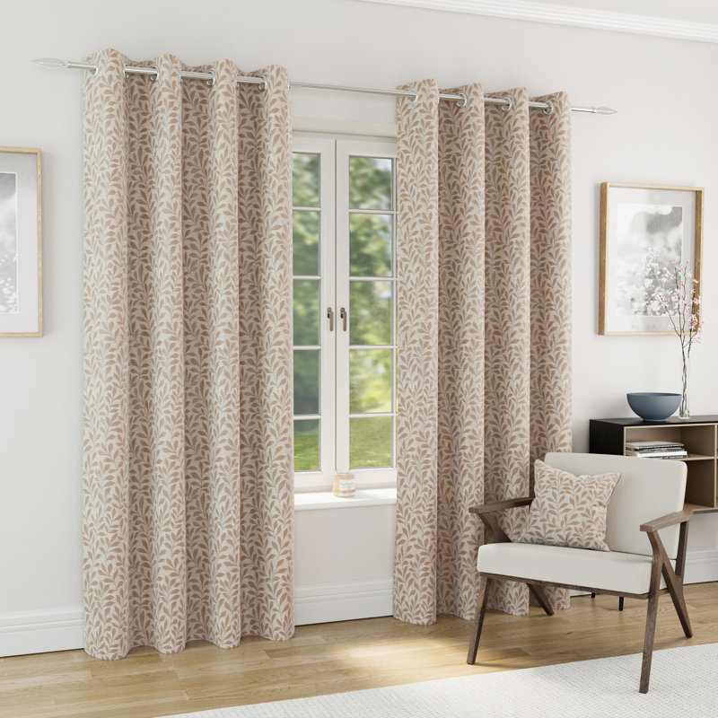 Sherwood 100% Blackout Thermal Jacquard Leaf Design Curtains with Eyelet Header (PAIR), Natural, 117cm Width x 183cm Drop