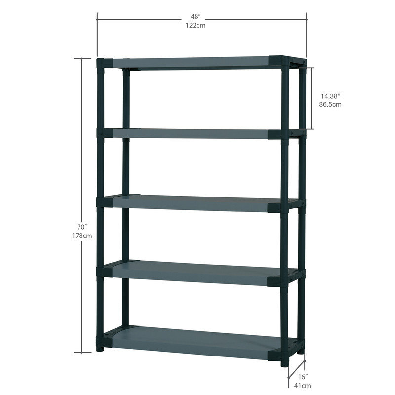 Rayonnage en résine à 5 niveaux Grosfillex, 70" H x 48" W x 16" D, 750