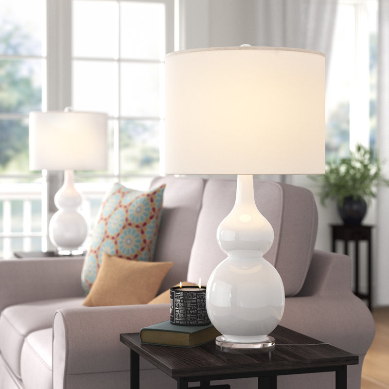 Andover Mills 14" Ceramic Bedside Table Lamps Set of 2 - Modern Ceramic Lamp with Double Gourd Vintage-Style Accent Lights for Bedroom, Living Room, or Office with LED Bulbs (White)