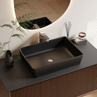Lavabo de salle de bain rectangulaire en céramique 19,68 "x 14,37", lavabo de comptoir au-dessus du comptoir avec extérieur cannelé, ouverture de drain standard 1,75 "