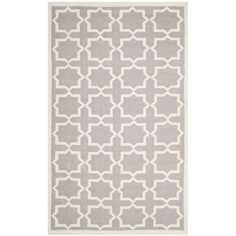 Rodgers Hand Woven Flat Weave Wool/Cotton Geometric Rug in Ivory, Rectangle 4' x 6'