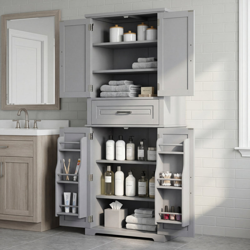 Gray Multi-Functional Bathroom Storage Cabinet With Smooth-Slide Drawers And Adjustable Shelves. Large Capacity, Sturdy, Practical, And Versatile.