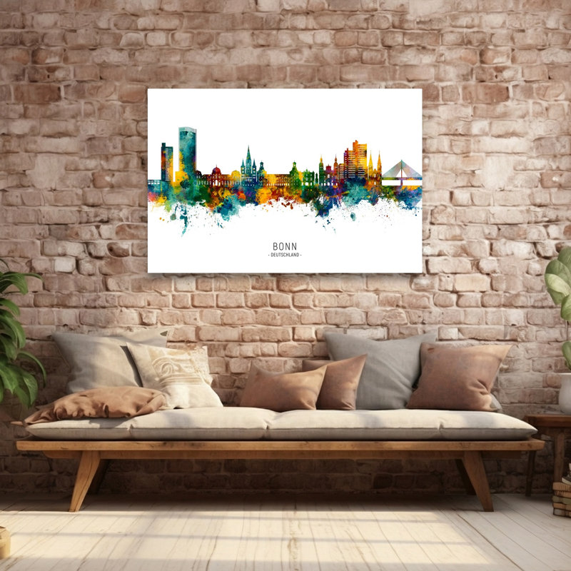 Affiche murale abstraite et colorée représentant la ligne d'horizon de Bonn, architecture contemporaine., H 40 po x l 60 po