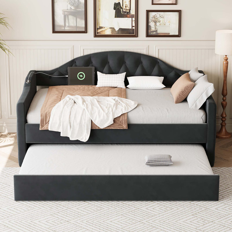 Twin Size Tufted Upholstered Daybed with Trundle,Velvet Sofabed with USB&Type-C Charging Ports,No Box-spring Needed, Black