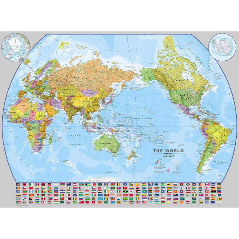 Large World Pacific-Centred Wall Map With Flags - No Frame Print