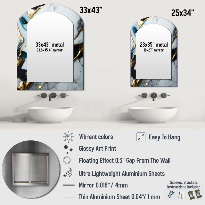 Abstract Geode Gold And White Marble II - Marble Asymmetrical Large Wall Mirror, Modern Arch Unique Mirror, Printed Metal Art