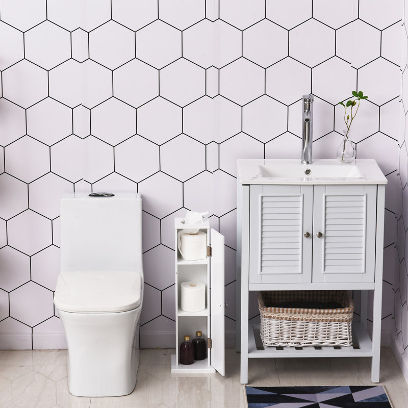 Armoire à papier de toilette - Étagère de coin blanche pour petite salle de bain avec portes et étagères, meuble de rangement moderne, style sur pied