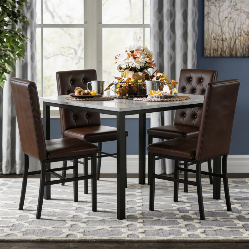 5-Piece Dininng Room Table Set with 4 Uphosltered Dining Chairs, Faux Marble Table Top and Robust Metal Frame Dining Table Set of 5, Space-Saving Design Dinette Set for Home Furniture Kitchen Restaurant