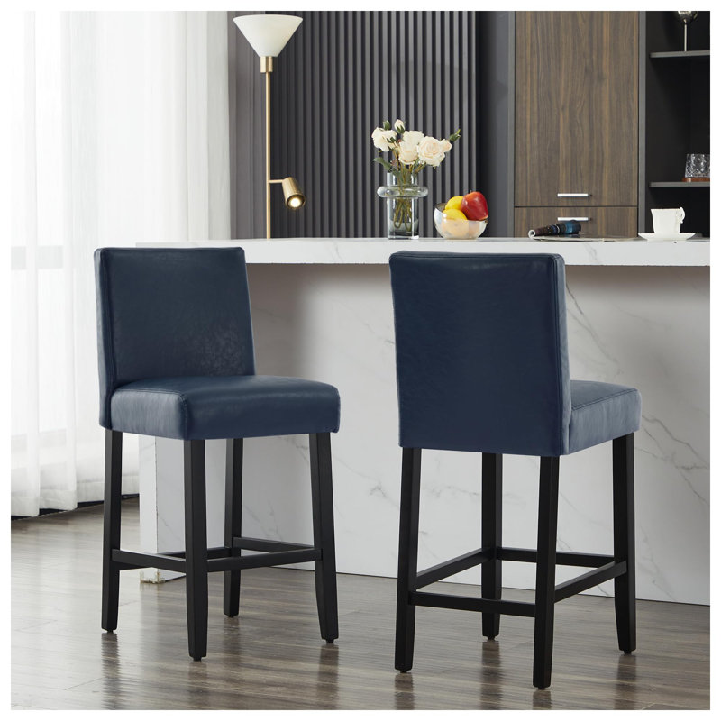 Tabouret de comptoir rembourré de 26 po avec structure en bois massif, Bleu / similicuir, 2