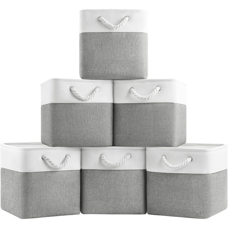 Ensemble de 6 bacs de rangement cubiques en tissu gris avec poignées en corde