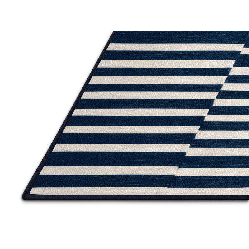 Tapis bleu à rayures horizontales lavable à la machine, Rond 7 pi