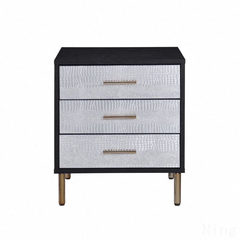 3-Drawer Modern Nightstand with Patterned Fronts & Gold Legs
