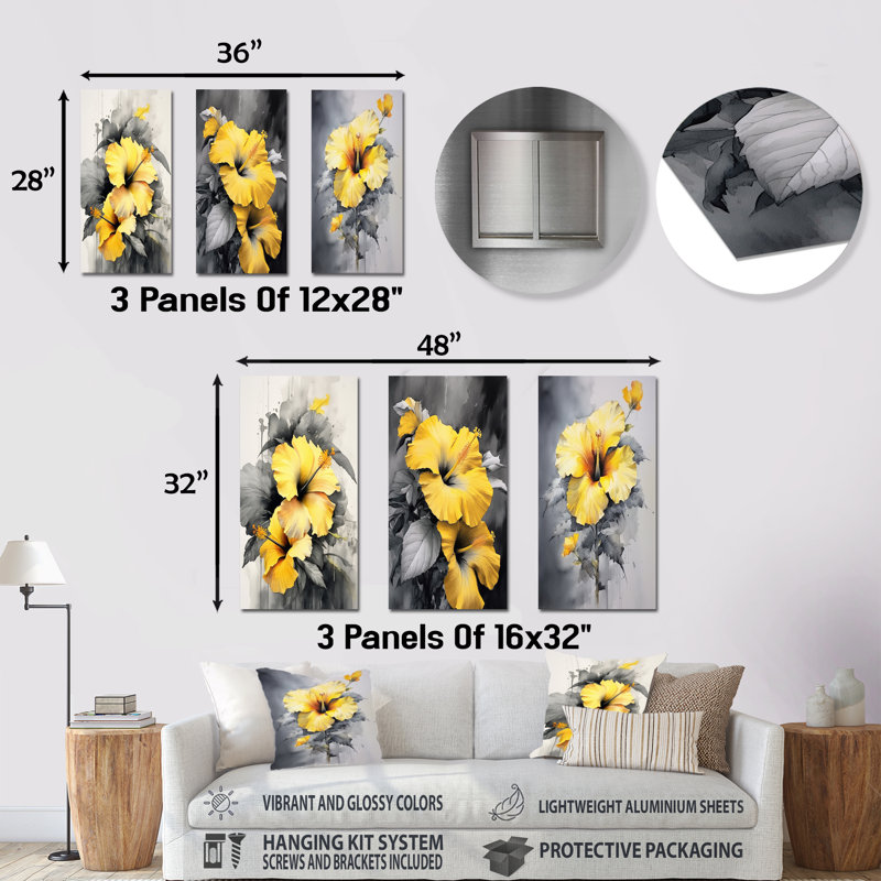 Jaune et gris - Hibiscus Serenade - Hibiscus, ensemble de 3 reproductions d'art en métal, H 28 po x l 36 po