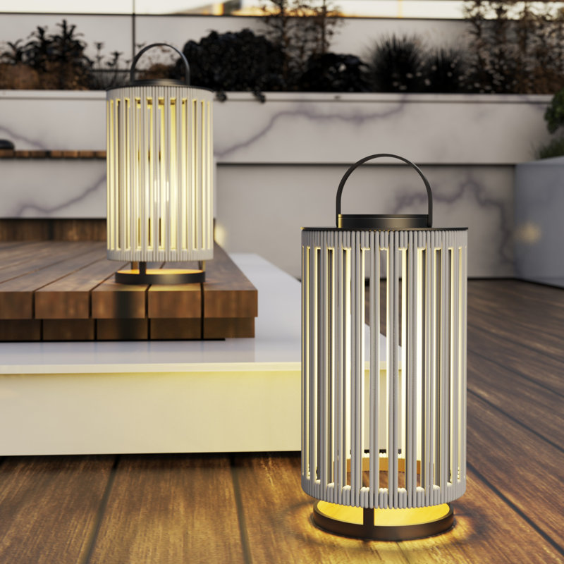 Outdoor Solar Lanterns Outdoor Hollowed-Out LED Floor Lights Aluminum Braided Rope Lantern with Handle,Grey, Gray