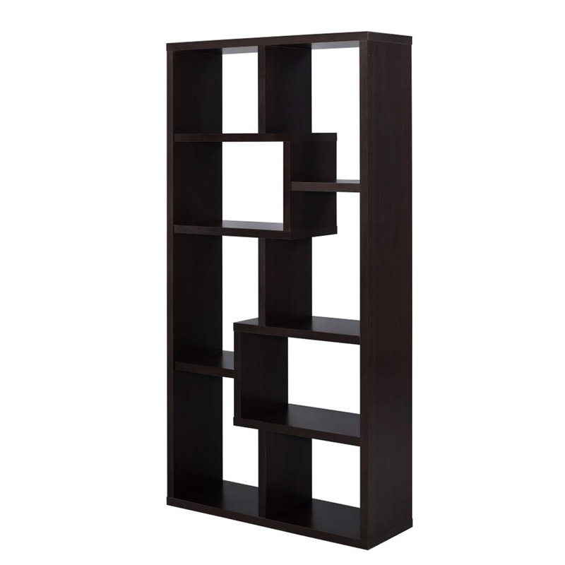Bibliothèque à 10 tablettes avec motif géométrique en cappuccino, tablettes ouvertes, panneau de particules
