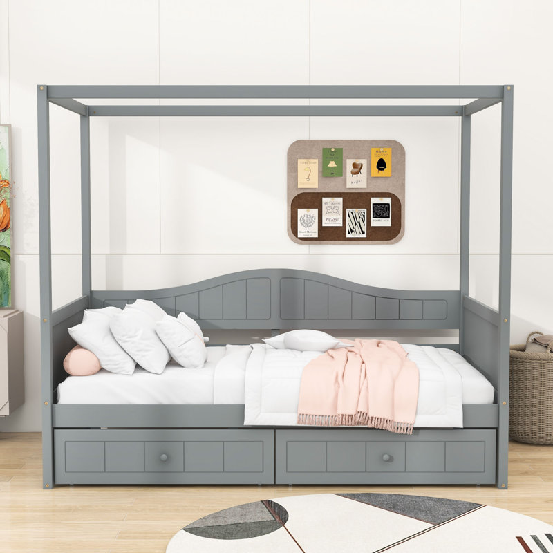 Twin Wooden Canopy Daybed with Built-In Backrest and Storage Drawers, Gray