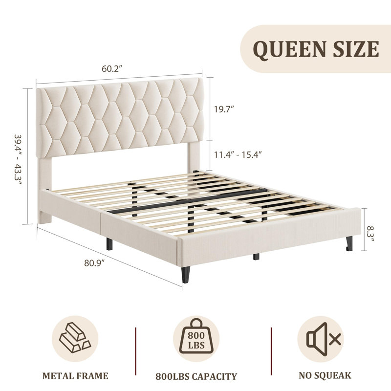 Base de lit grand beige avec tête de lit rembourrée, base de lit rembourrée, plateforme robuste avec lattes en bois massif, pas de sommier tapissier nécessaire / assemblage silencieux / facile