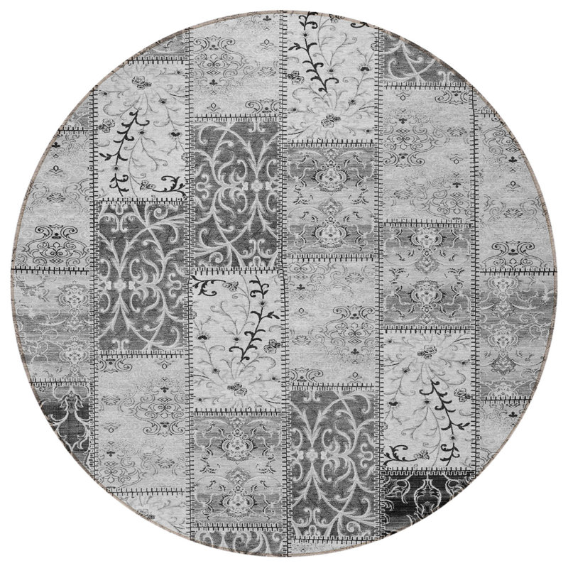 8' Round Gray Round Patchwork Washable Non Skid Indoor Outdoor Area Rug