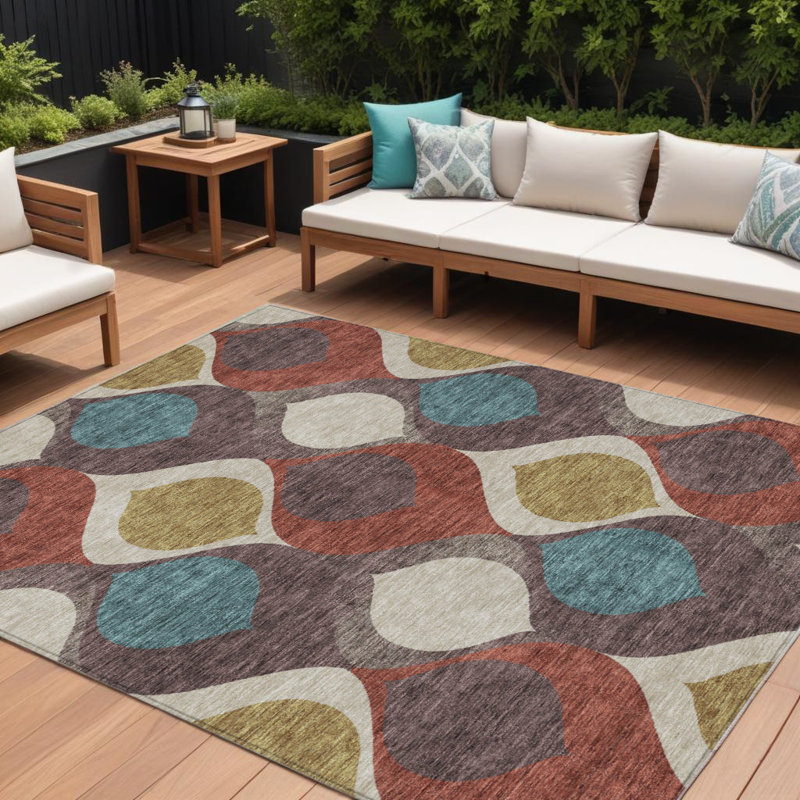 Tapis intérieur / extérieur brun lavable taupe et bleu sarcelle 10 pi x 14 pi