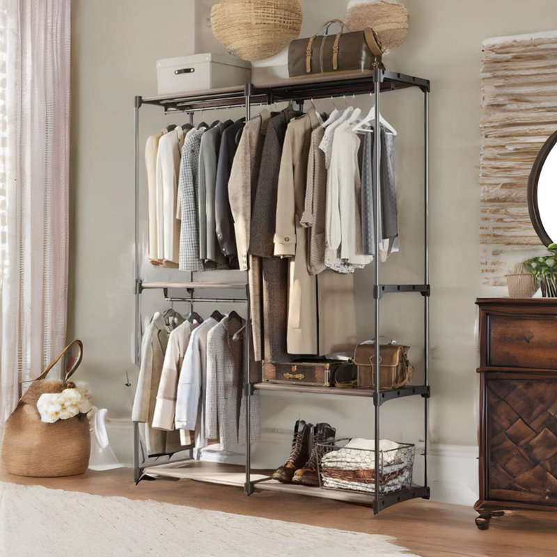 Anghel Industrial Rustic Open Wardrobe Garment Rail With Storage Shelves