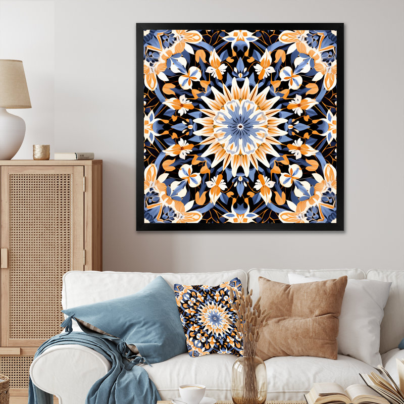 Carreaux jaunes et bleus en Grèce I - art mural abstrait, Cadre simple noir, H 30 po x l 30 po x P 1,5 po