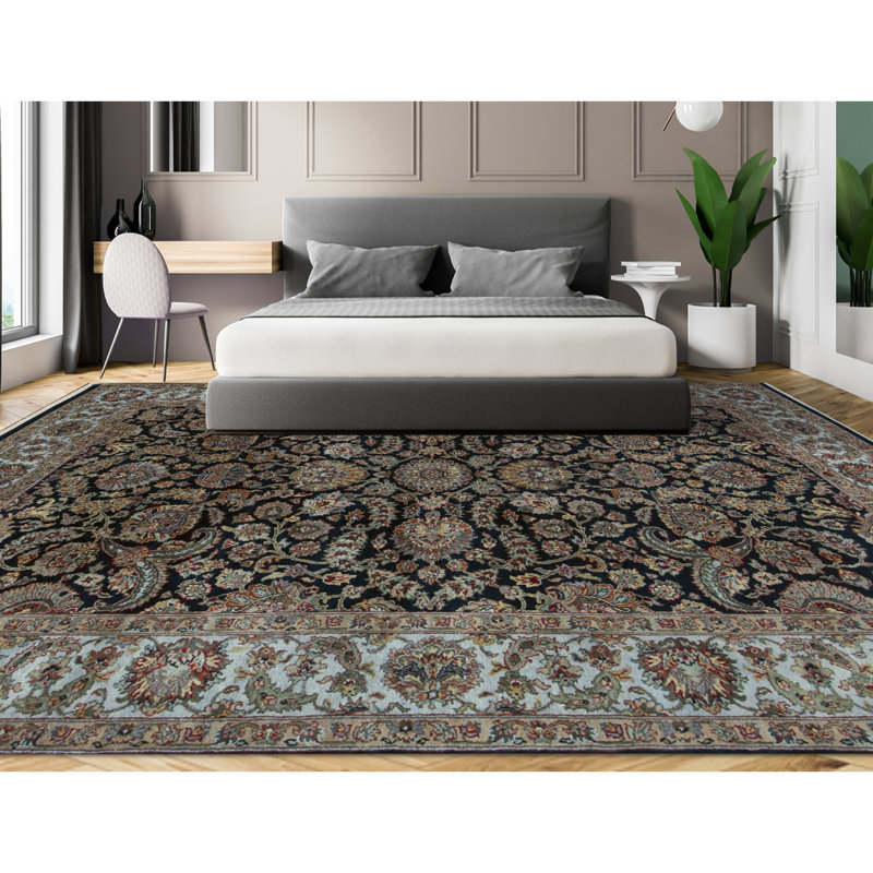 Kingsbury Wool Oriental Area Rug in Black/Teal/Beige