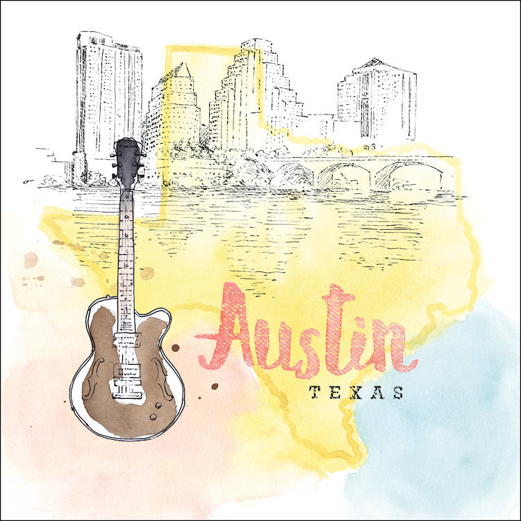 US City Series: Austin, Texas (guitare), impression sur toile tendue, H 26 po x l 26 po x P 1,5 po, Toile tendue