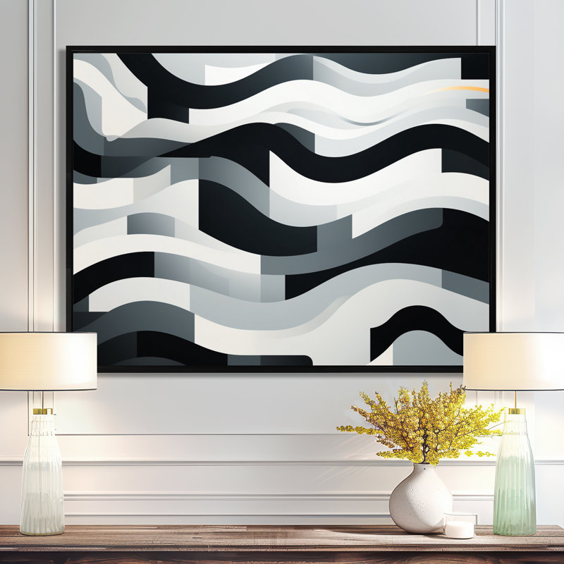 Vagues d'art stylisées monochromes - Vagues, Cadre flottant noir, H 12 po x l 20 po