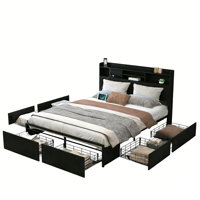 LED Headboard Platform Bed Frame, 6 Storage Drawers & Charging Station, Noise-Free Sturdy Storage Bed No Box Spring Required for Bedroom