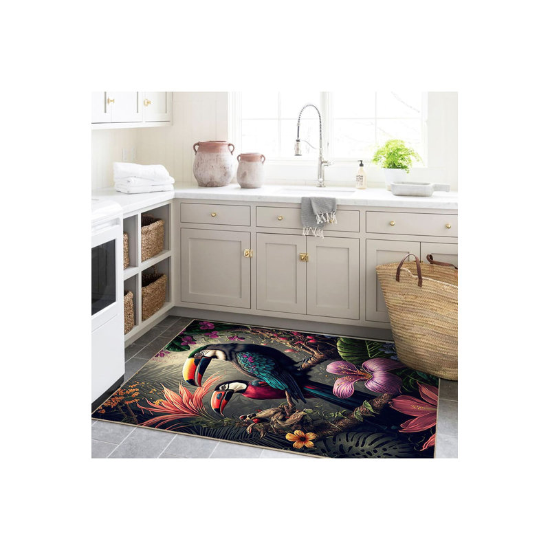 Tapis multicolore multicolore à motif tissé à base de perroquet lavable à la machine, Rectangle 3 pi 3 po x 4 pi 11 po