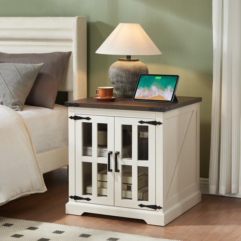 Keyaun 24"W Farmhouse Square End Table with Charging Station& Barn Glass Door, Adjustable Storage Shelf, Vintage White