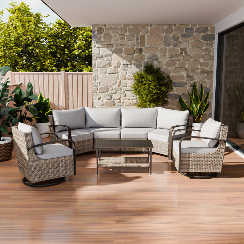 Ensemble de 7 meubles de patio en osier 7 pièces, conversation extérieure demi-lune 360 degrés avec table basse, Beige