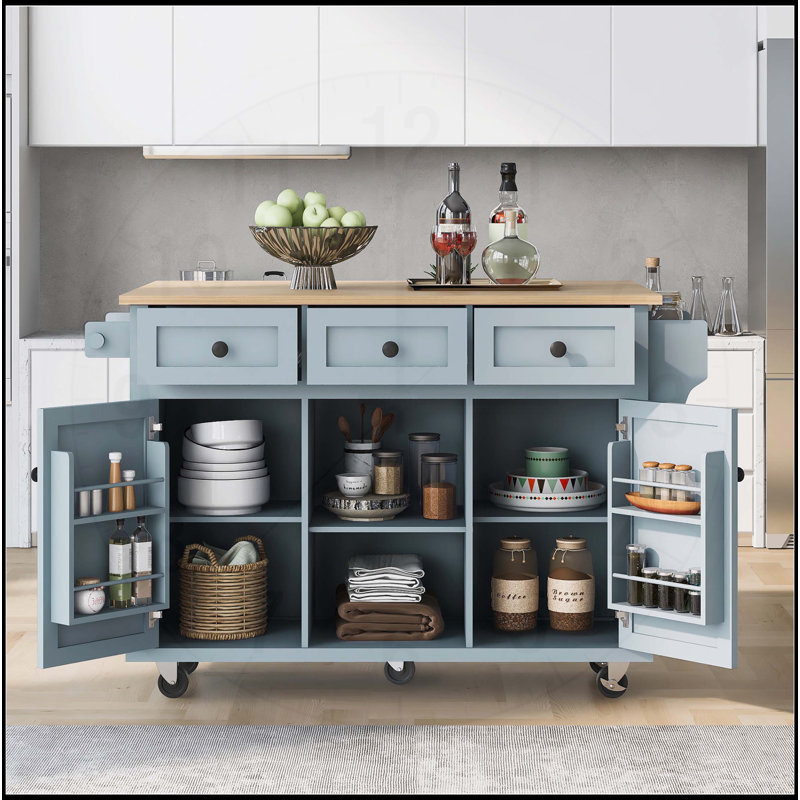 Chariot de cuisine polyvalent avec comptoir rabattable et rangement interne, Bleu