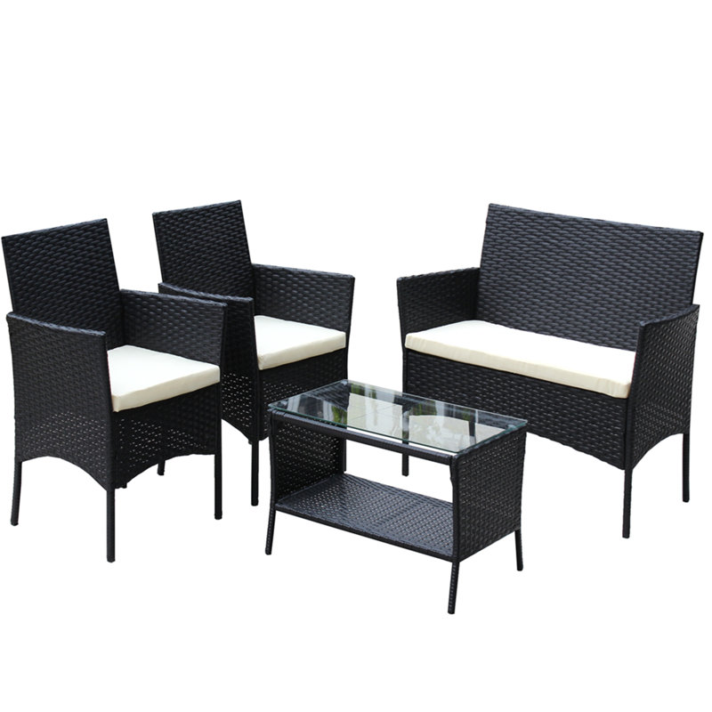 4 PC Rattan Patio Furniture Set Outdoor Patio Cushioned Seat Wicker Sofa (Beige Cushion)