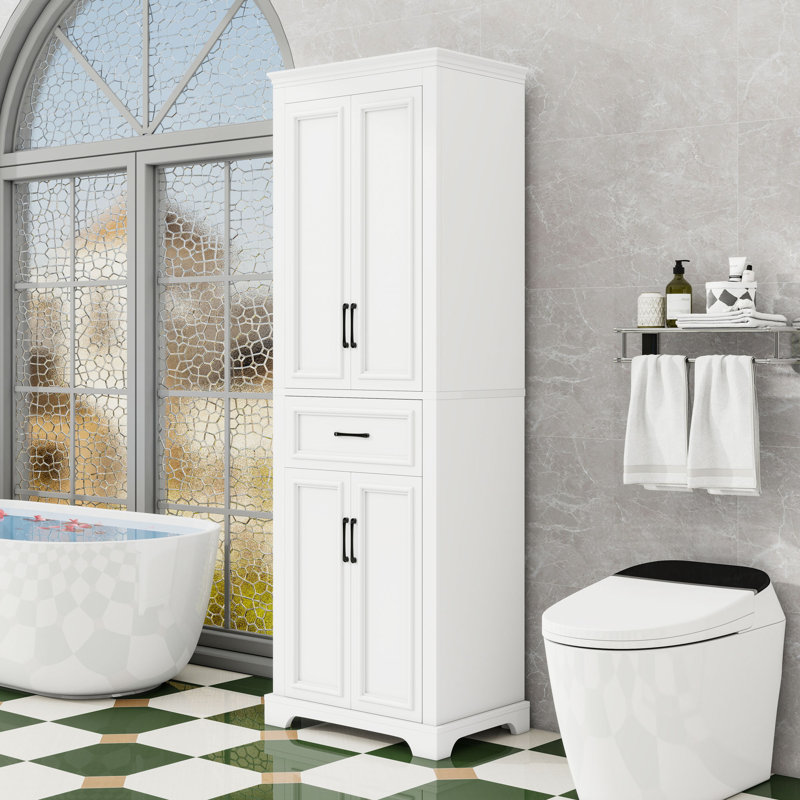 Armoire de rangement autoportante avec tiroir, tablettes réglables et charnières amortissantes, White