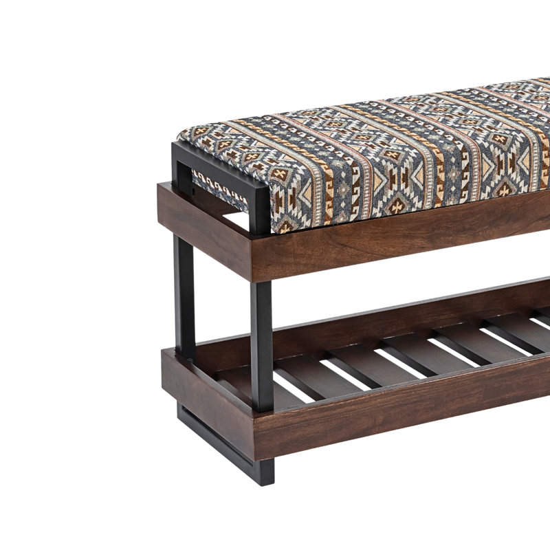 Modern Upholstered Entryway Bench with Shoe Storage Shelf Geometric Pattern Seat , Brown, Gray
