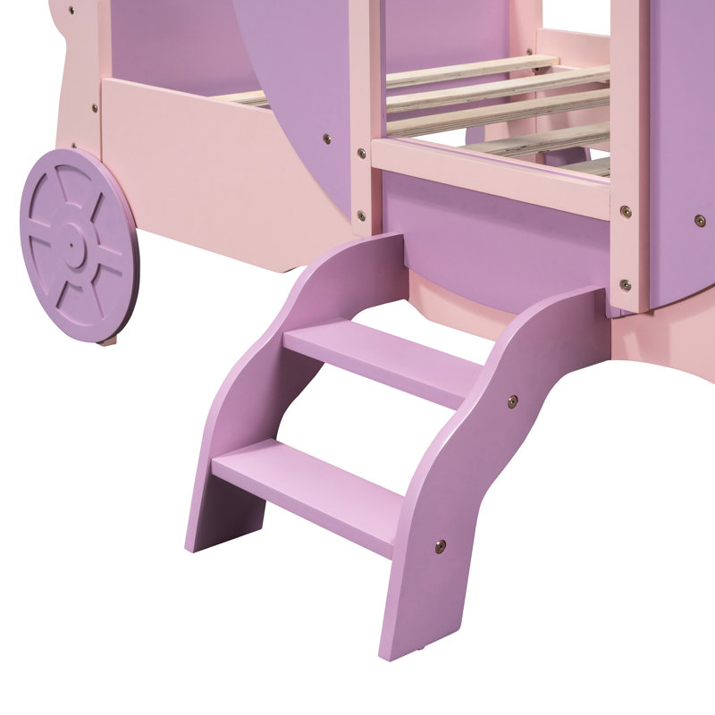 Lit de transport, couronne, taille simple, mauve et rose, structure solide de voiture plateforme en bois, escalier de poids de 350 lb, 10 lattes