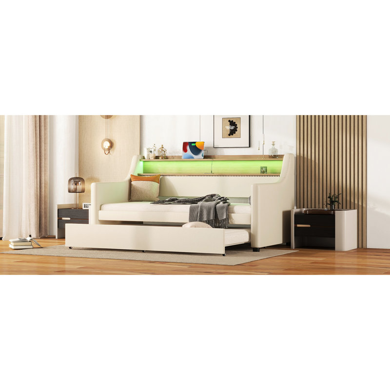 Beige Twin Size Daybed With Trundle - Charming Charging, Led Lights & Headboard Container Upholstered In Tray, Beige