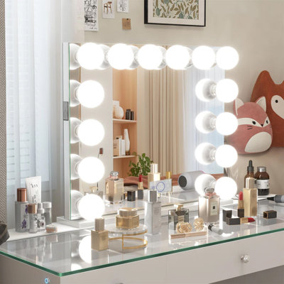 Makeup Vanity Mirror with Dimmable Bulbs Lights Bluetooth Tabletop Wall Mount Metal White