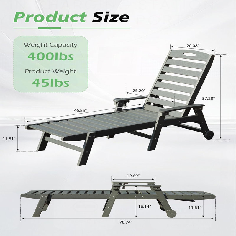 Chaise longue d'extérieur en PEHD avec dossier inclinable, chaise longue de piscine pour bronzer et bronzer, durable et confortable