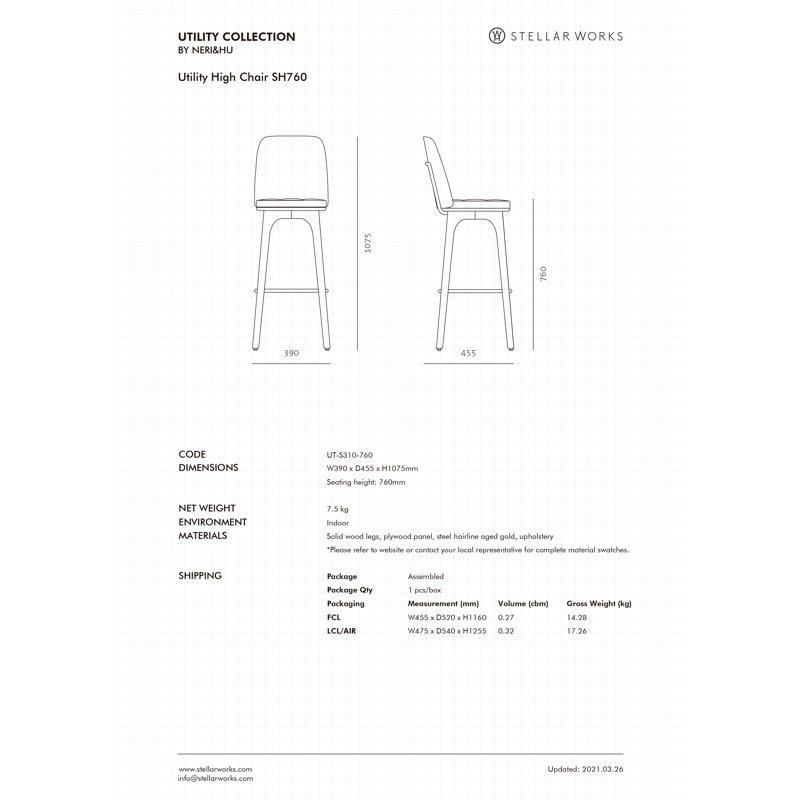 Utility Bar Chair by Neri&Nu, Bar: 30" H, Bellagio Black with Natural Walnut