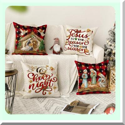 Winter Cardinal Plaid Throw Pillow Covers - Set of 4, Holiday Cushion Cases for Sofa Couch - Jesus Inspired Decoration