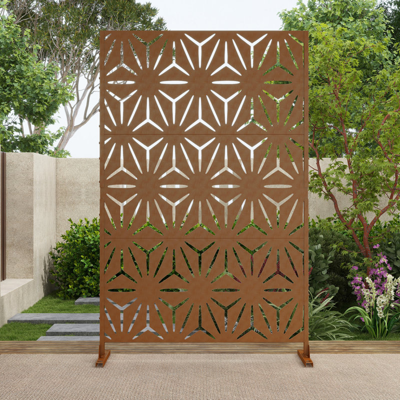 Pacifa Series 6 ft. H x 4 ft. W Leave Pattern Metal Privacy Screen With Wider Feet, Brown