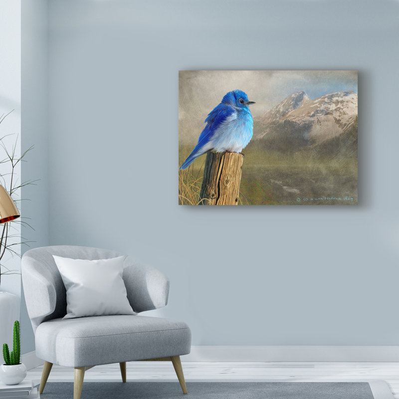 « mountain blue oiseaux », reproduction de peinture à l’acrylique sur toile tendue, H 24 po x l 32 po x P 2 po