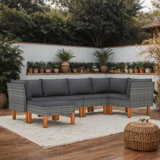 Casey Outdoor 6Pc Modular Lounge Sofa Set, Grey Rattan, Solid Wood
