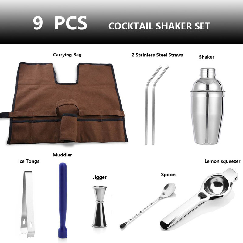 9 Piece Bartender Kit - Bar Tool Set Cocktail Shaker Set Portable Bar Professional Tool Set