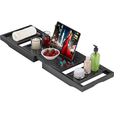 Bathtub Tray Caddy, Bamboo Expandable Bath Tray,Foldable,Black
