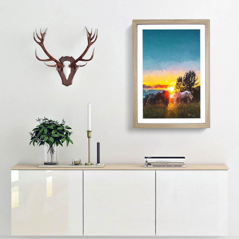 Sunrise Behind the Trees in Abstract - Framed Print, 65cm H x 48cm W x 2cm D, Oak Framed