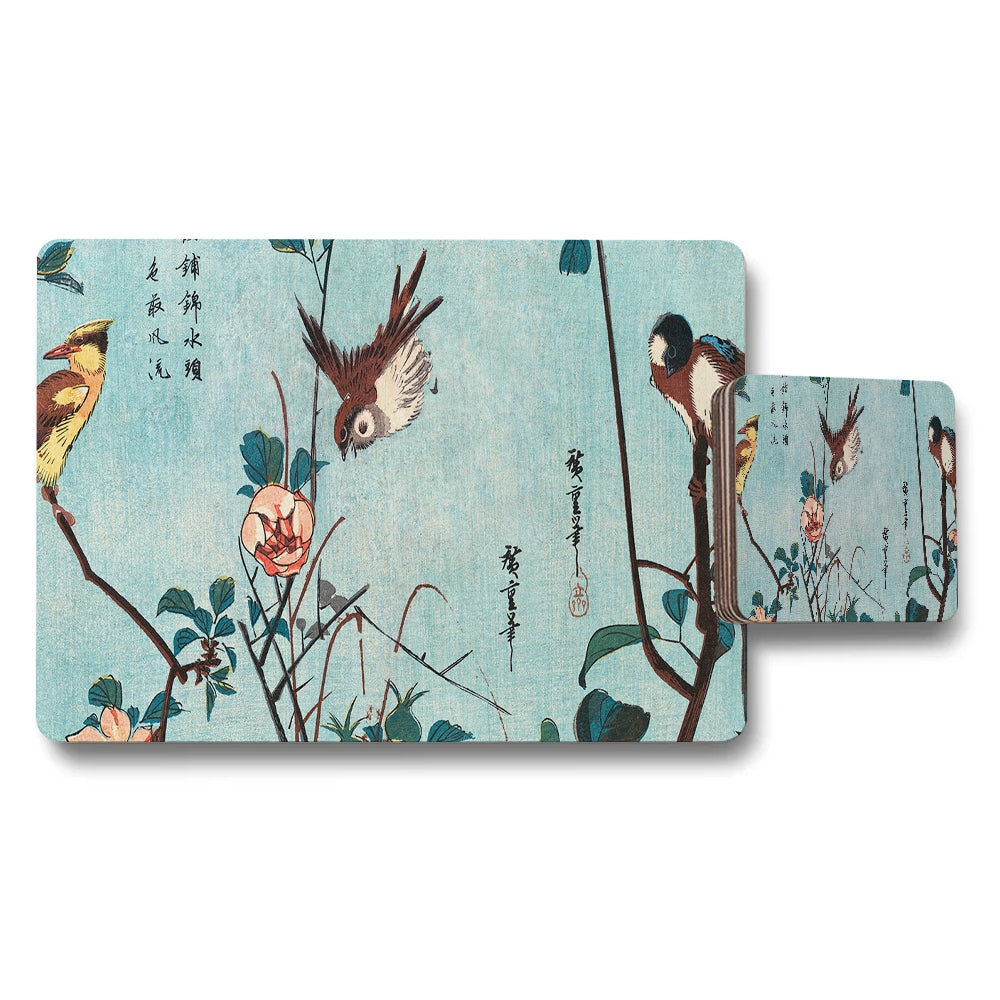 Blue Birds And Flower Design Placemat And Coaster Set