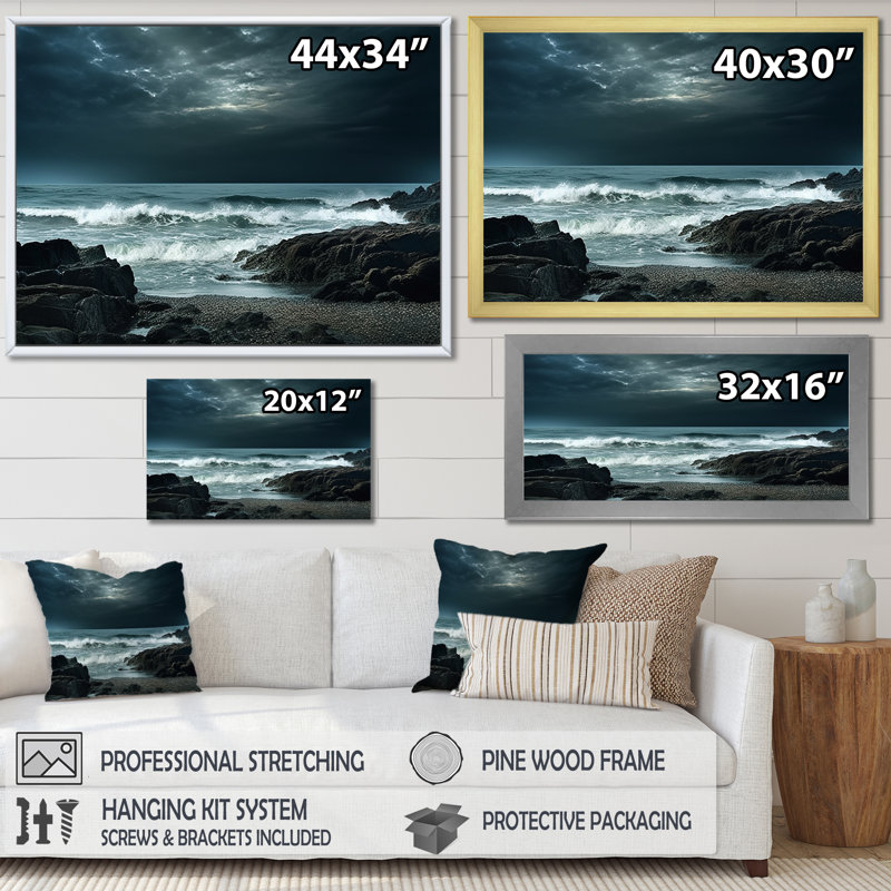 «Rocky Beach Scenery III», reproduction sur toile, Cadre flottant noir, 12" H x 20" W